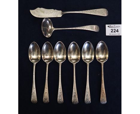 Set of six silver Old English Design teaspoons, London hallmarks, 1893 with bright cut decoration, together with a matching s