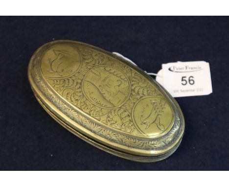 19th century brass, oval-shaped snuff box with hinged cover and engraved decoration depicting figures and lion dog within scr
