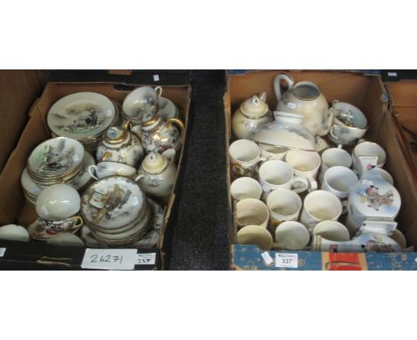 Two trays of assorted china to include Japanese egg shell design teaware, pair of modern Oriental flask-shaped figural porcel