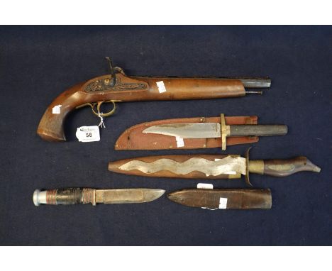 Spanish muzzle loading percussion pistol, Sheffield bladed sheath knife, a small Bowie type knife, and a Indian dagger with a