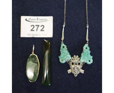 A jade pendant, another hard stone pendant with yellow metal mount, an art deco marcasite and green glass pendant necklace. (