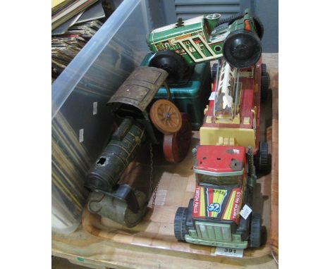 Tin plate model of a rescue fire service trick, together with a tin plate tractor and other tin plate items. (4)(B.P. 21% + V