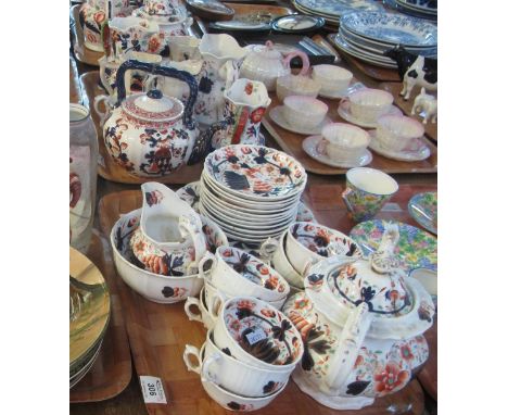 Three trays of 19th century mainly Gaudy Welsh design items various to include, pouch shaped and baluster jugs, tea ware, lid