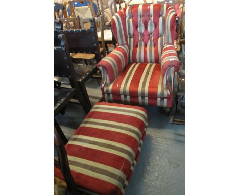 Good quality Edwardian button backed wing easy chair with scroll over arms on castors, together with a matching upholstered b