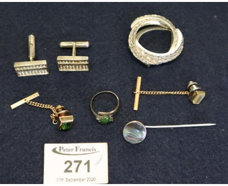 Collection of silver and costume jewellery including a pair of silver cufflinks and a green stone ring.  (B.P. 21% + VAT) 