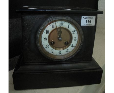 Late 19th/early 20th century black late two-train mantel clock with Arabic face. 22 cm high approx.(B.P. 21% + VAT) 
