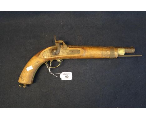 19th century Indian made British pattern muzzle loading percussion Naval pistol with brass fittings and lanyard loop. Armoury