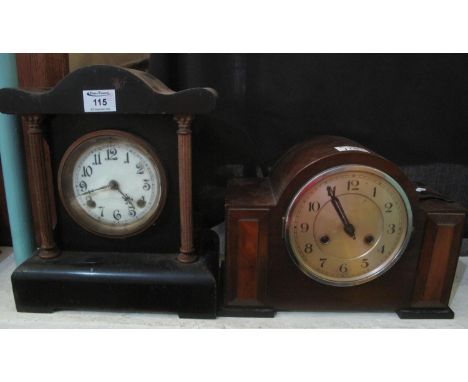 19th century two-train architectural mantel clock, possibly re-cased, together with a mid-20th century two-train mantel clock