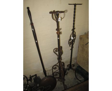 19th century copper warming pan, wrought iron standard lamp, and a wrought iron torchere stand, together with a gas mantel wa