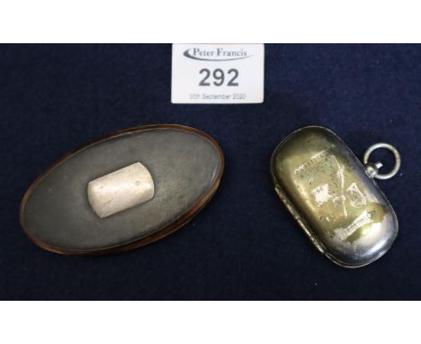 Plated metal sovereign case marked 'The Bon Marche Outfitters, Abertillery', together with horn boat-shaped snuff box and cov