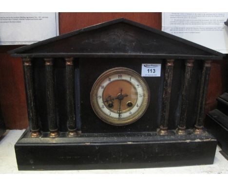 19th century black slate architectural two-train mantel clock in pillared portico design. 30 cm high approx.(B.P. 21% + VAT) 