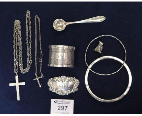 Collection of assorted silver and white metal jewellery, decanter label, napkin ring, bangles etc.(B.P. 21% + VAT) 