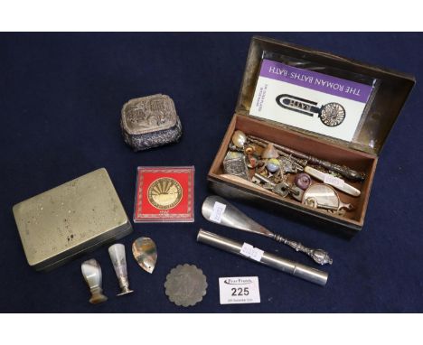 Small Chinese white metal box with archaic symbol decoration containing two agate seals and an agate arrow head-shaped pendan