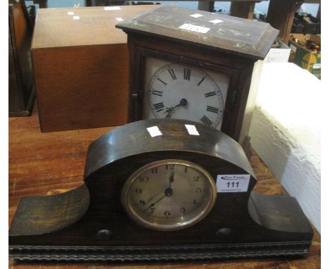 Early 20th century oak hat-shaped mantel clock with back-winding movement, together with a late 19th century oak mantel clock