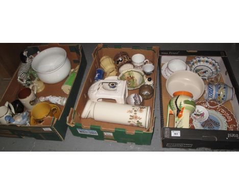 Three boxes of assorted china various to include Art Deco design jug by Myott & sons, Continental pottery bowl and jug, Dolto