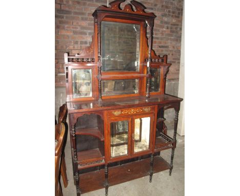 Late 19th Century rosewood inlaid two stage mirror back sideboard/display cabinet having broken neck swan pediment above a ce