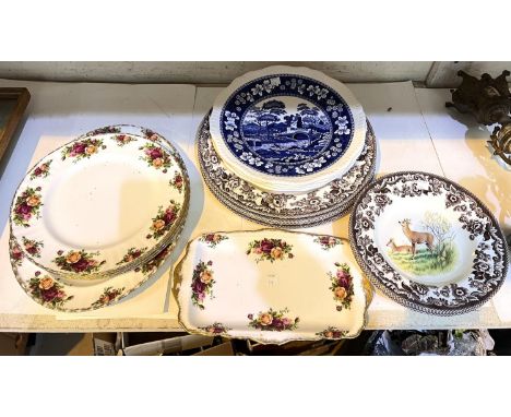 Four Royal Albert Old Country Roses dinner plates; a meat plate and serving dish; 4 Spode Blue Tower dinner plates; 4 Spode W