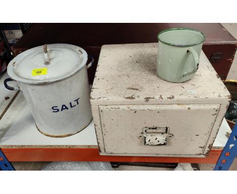 A large enamel kitchen salt pot with lid and a shoe shine box 