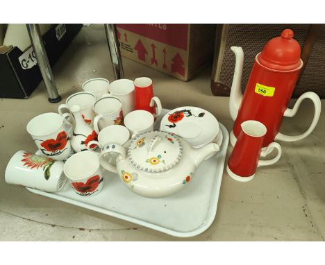 A 1960's Carltonware 3 piece coffee set; a Wedgwood 13 piece part tea set "Corn Poppy" by Susie Cooper; 4 Susie Cooper "Flame