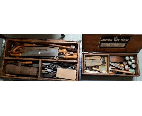 A pine tool chest and contents vintage tools etc