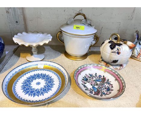Three pieces of Vista Alegre porcelain, a covered pot in the form of a pumpkin, a white and gilt covered comport and 2 Austri