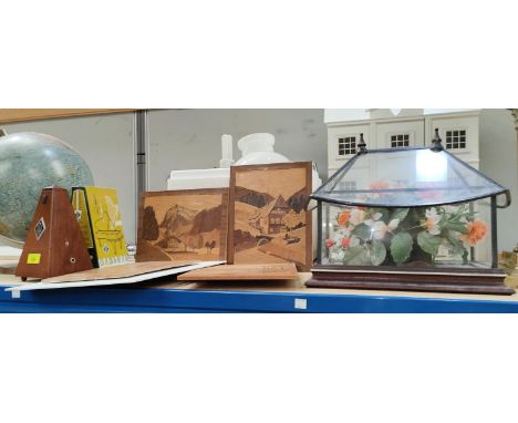 A vintage globe on a wooden stand; a wooden cased metronome; wooden pictures; a glass lidded terrarium etc&nbsp; 