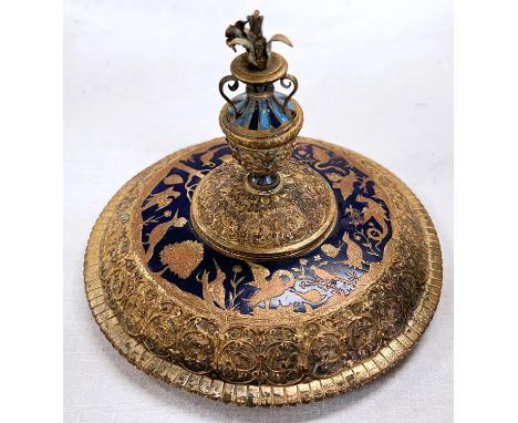 A continental brass and blue enamel lid decorated with birds and trees with finial vase to top with flowers diameter 17cm 