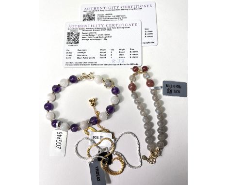A Labradorite and Ruby quartz bead bracelet with gold plated silver filaments; a similar quartz, amethyst and moonstone brace