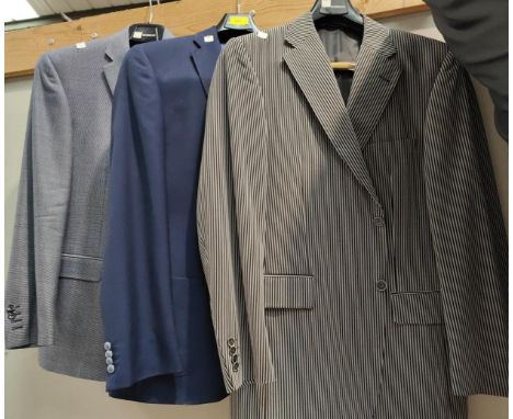 Three gents' 'Roy Robson' jackets:&nbsp; dark blue, light blue &amp; grey stripe, size medium/large; 3 pairs of trousers 