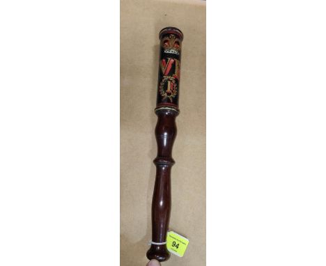 A mahogany truncheon with painted decoration VR 1, bears initials A.L.D., 37cm.&nbsp;&nbsp;Mahogany or older, couple of chips
