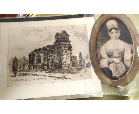 A 19th century etching of a half length portrait of a lady unframed and another etching