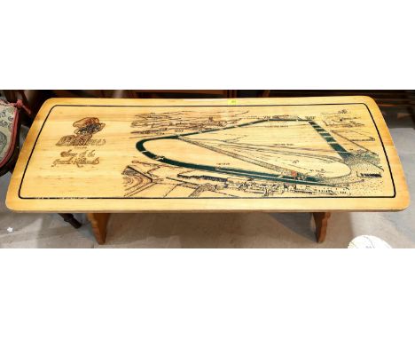 A Priory furniture light wood coffee table with top decorated with Aintree Racecourse etc 