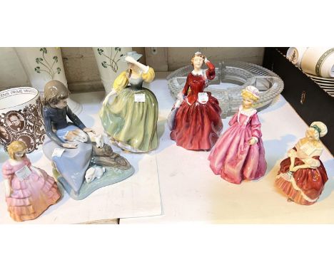 Four Royal Doulton figures:&nbsp; Blythe Morn HN 2065; Buttercup HN 2309, Peggy HN 2038 Rose HN 1368; a Royal Worcester figur