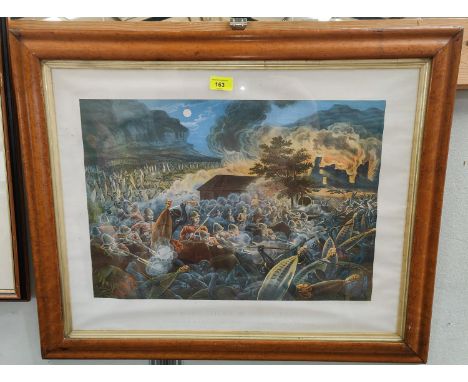 A Victorian print of "Rorke's Drift" in birds eye maple frame and silver top ebonized walking cane 