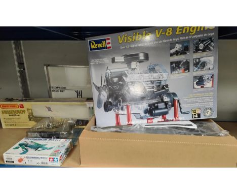 A Revell model kit Visible V-8 Engine 1:4 boxed (packaging inside seems intact) a selection of other kits etc&nbsp; 