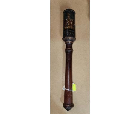 A mahogany truncheon with painted decoration G III R, dated 1808, initialled:&nbsp; *.12.D and T.M., 34cm 