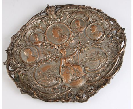 A 19th century Queen Victoria 60th Jubilee Commemorative wall plaque, the oval shaped plaque with openwork cast border encomp