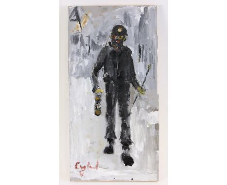 Frederick J. England (British, b.1939),'Safety Man - Davy Lamp Fired', full length portrait of a miner,Oil on panel,Signed lo
