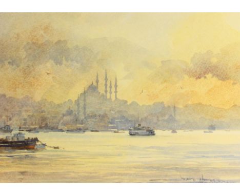 David Howell (British, b.1939),Istanbul from the Bosporus,Watercolour on paper,Signed lower right,25cm x 34.5cm,Framed and gl