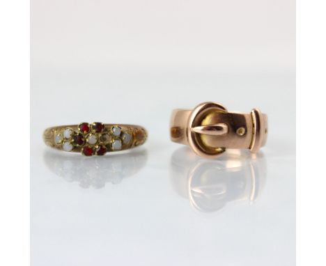 An early 20th century 9ct rose gold ring, designed as a buckle, stamped for Chester with indistinct marks, ring size N, with 