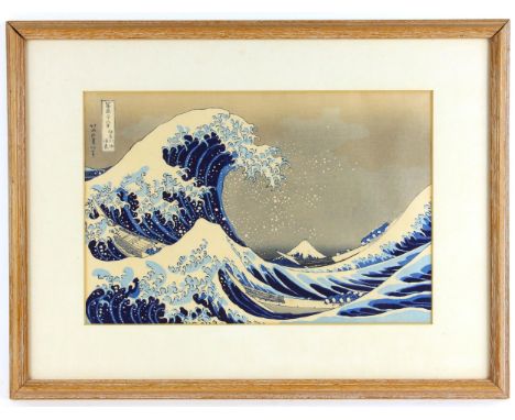 After Katsushika Hokusai (1760-1849) Woodblock print, The Great Wave of Kanagawa, Signed, 25cm x 37.5cm, Framed and glazedCon