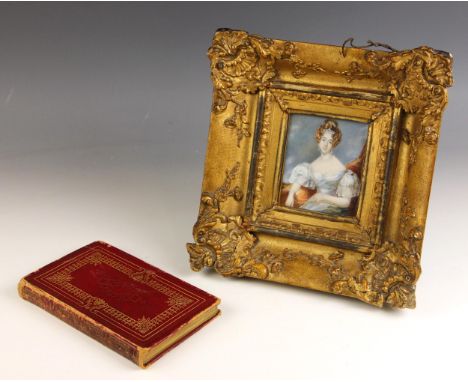 English School (19th century), A portrait miniature depicting a lady in white silk dress with tiara and pearls, Lady Feilden 