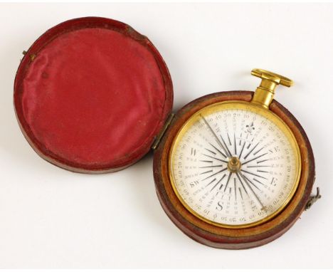 A Dollond of London gilt brass pocket compass, the signed enamel dial with thirty-two point rose, steel needle, suspension lo