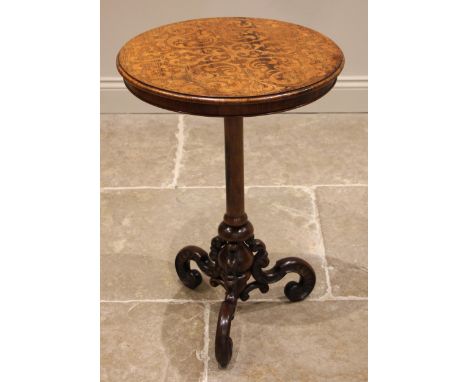 A William IV rosewood and marquetry pedestal occasional/lamp table, the circular top inlaid with an all over foliate design, 
