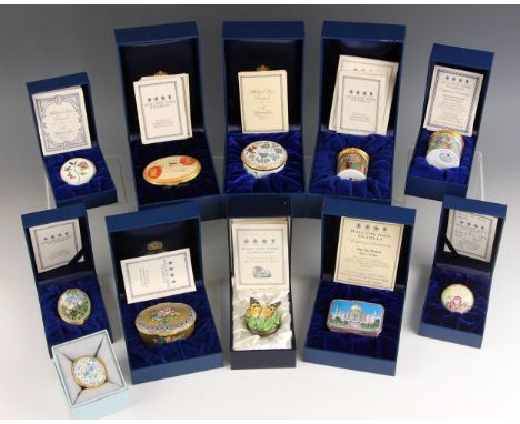 Three Halcyon Days limited edition enamel boxes, comprising: a Beethoven bicentenary music box, a Taj Mahal box, and a 900th 