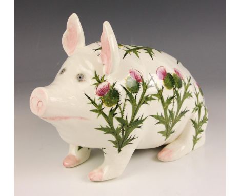 A large Wemyss style pig decorated by Joe Nekola for Plichta, mid 20th century, modelled seated on its haunches, painted with