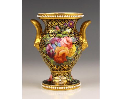 A Spode '1166' pattern vase, early 19th century, of 'New Shape Jar' form, the loop handles with twin lion's mask terminals, t