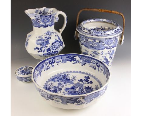 A Mason's Ironstone blue and white wash stand set, late 19th or early 20th century, comprising: a ewer, 29cm high, a slop pai