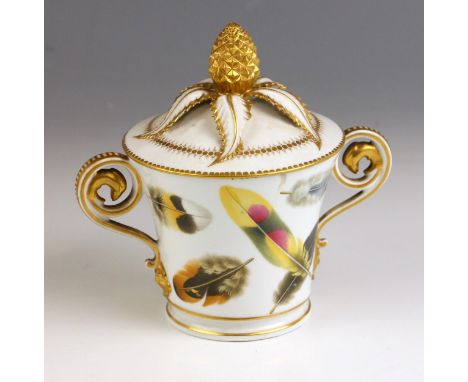 A Chamberlains Worcester chocolate cup and cover, circa 1810, polychrome painted with feather specimens, the removable cover 