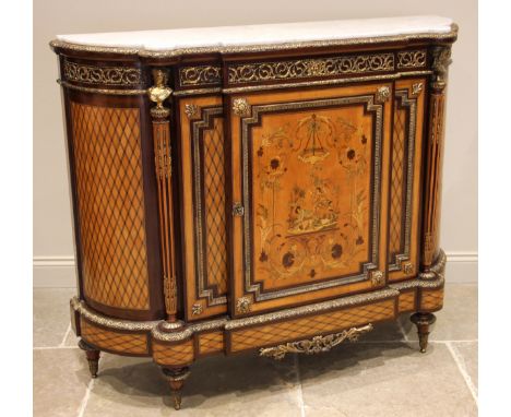 A Louis XVI style walnut and satinwood marble top credenza, late 19th century/early 20th century, of typical bowfront form, t